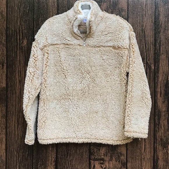 Peach Love California Sherpa 1/4 Zip Beige Womens Size Medium Teddy Bear Jacket - Picture 9 of 10